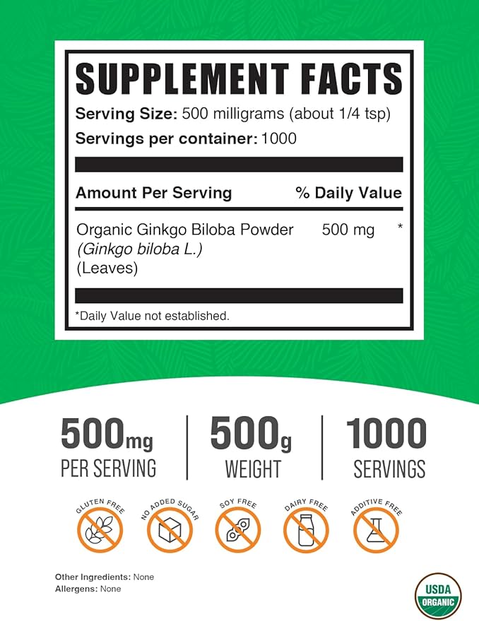 BulkSupplements.com Organic Ginkgo Biloba Powder - Ginkgo Biloba Supplements, Ginkgo Biloba Organic - from Ginkgo Biloba Leaf, Vegan - 500mg per Serving, 500g (1.1 lbs) (Pack of 1)
