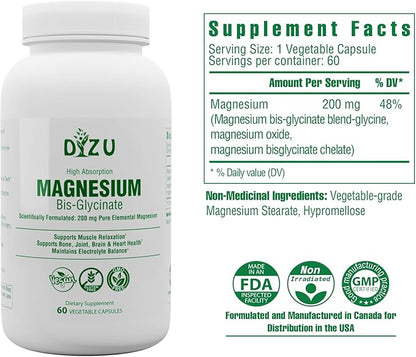 Dizu - Magnesium Bisglycinate 200 mg, Pure Elemental Chelated Complex, Supports Sleep, Muscle, Bone, Heart & Energy Metabolism, with Glycine & Oxide, Vegetable Capsules