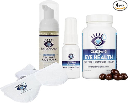 Triglyceride Omega 3 Fish Oil, Heated Eye Mask, Lid and Lash Cleanser Foaming Tea Tree Face Wash Bundle for Eye Health, Provides Relief for Irritated Eyes