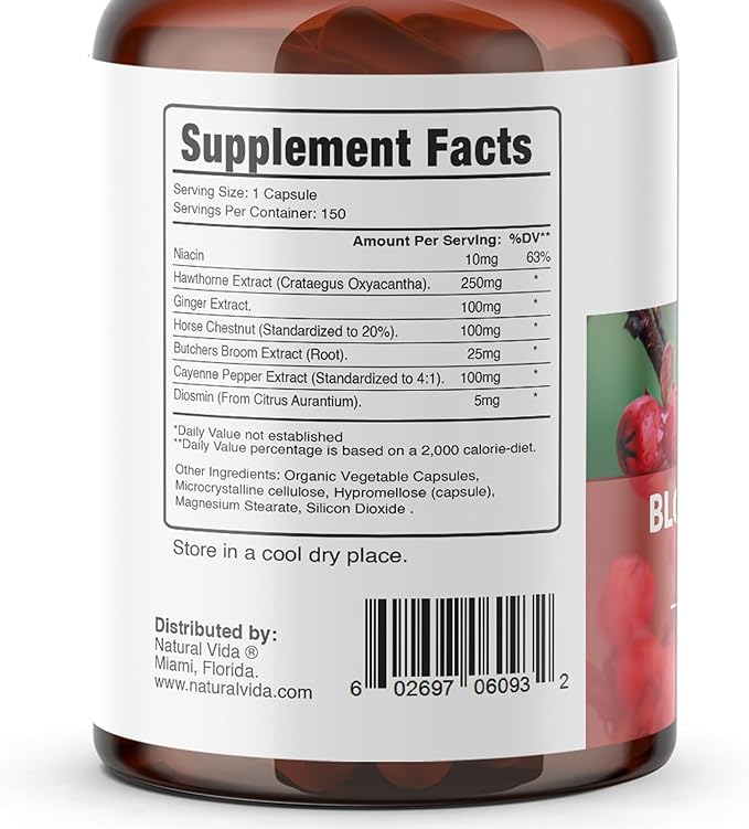 Blood Circulation 600mg Supplement - 300 Capsules - with Hawthorne, Ginger, Horse Chestnut, Butchers Broom, Cayenne, Diosmin