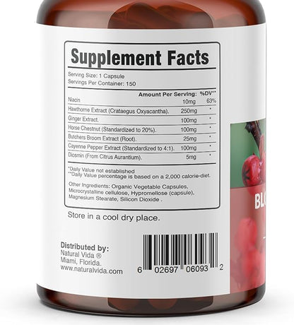 Blood Circulation 600mg Supplement - 300 Capsules - with Hawthorne, Ginger, Horse Chestnut, Butchers Broom, Cayenne, Diosmin