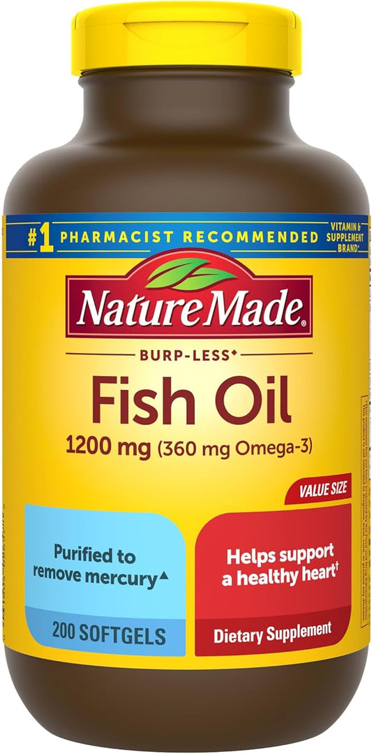 Nature Made Burp Less Fish Oil Omega 3 Supplements, 1200 mg Softgels, Omega 3 Fish Oil for Healthy Heart Support, 200 Softgels, 100 Day Supply