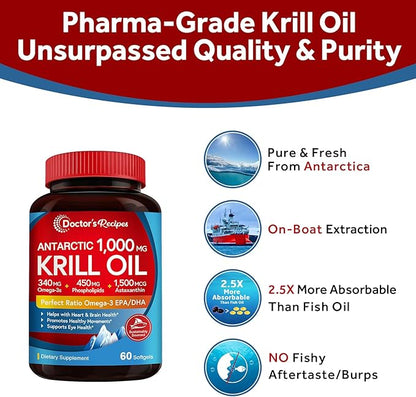 Doctor's Recipes Antarctic Krill Oil Omega 3 Supplement, 1000mg Softgels, DHA:EPA at 1:2 Perfect Ratio, 1.5mg Astaxanthin, Clean Extraction, No Fish Taste, Brain, Eye Health, Non-GMO