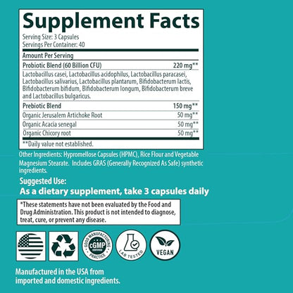 Sanar Naturals Probiotics 60 Billion CFU – 10 Strains + Prebiotics - Supports Immune, Digestive, & Gut Health - Probiotics for Women and Men - Vegan, Non-GMO, Gluten Free, 120 Capsules