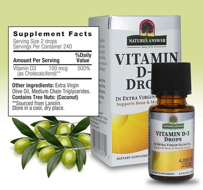 Nature's Answer Platinum Vitamin D3 4000 IU Supplement Liquid Drop, 0.5 Ounce - 2 per case. | Immune Booster | Promotes Muscle & Bone Health