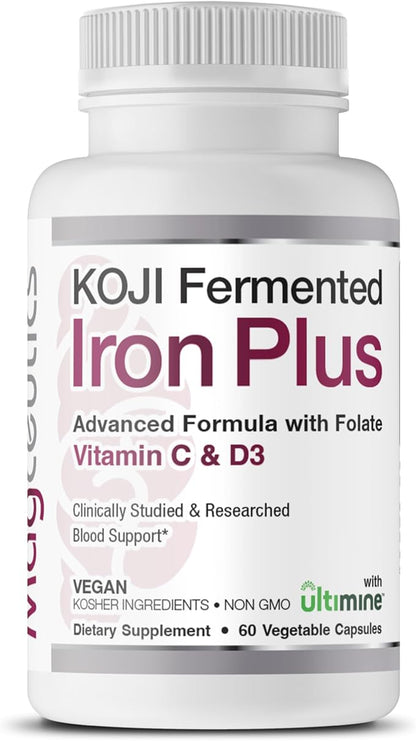 Koji Fermented Iron Plus - Iron Supplement with Vitamin C, Vitamin D3 and Folate for Blood Support, Easily Absorbed and Bioavailable, Stomach Friendly, Vegan, Non-GMO - 60 Capsules