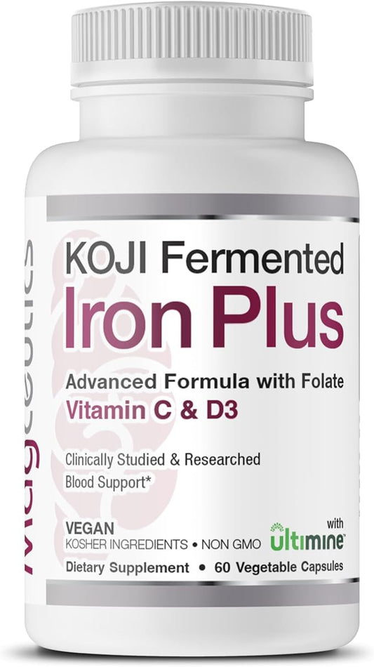 Koji Fermented Iron Plus - Iron Supplement with Vitamin C, Vitamin D3 and Folate for Blood Support, Easily Absorbed and Bioavailable, Stomach Friendly, Vegan, Non-GMO - 60 Capsules