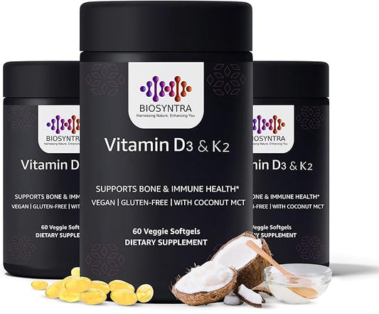 Vitamin D3 5,000 IU + Vitamin K2 (MK-7) 110 mcg Softgels – with Coconut Oil for Enhanced Absorption | Non-GMO, Easy-to-Swallow | Supports Bone and Immune Health | 60 Count