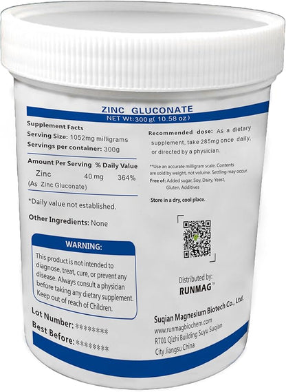 Pure Zinc gluconate Food Grade Powder, 300g per Bottle
