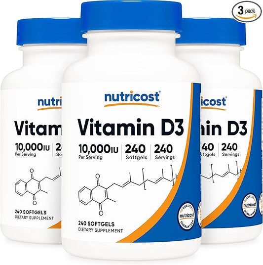 Nutricost Vitamin D3 10,000 IU, 240 Soft Gel Caps (3 Bottles)