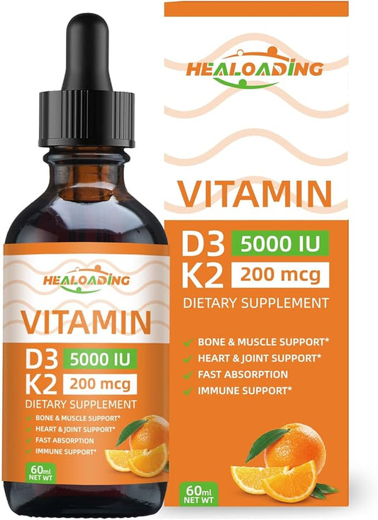 HEALOADING Vitamin D3 K2 Drops, Organic Plant D3 + K2, Vitamin D Liquid 5000 IU, K2 200 mcg Liquid K2 D3 Vitamin Supplements for Body’s Defenses, Faster Absorption, Healthy Bones and Immune Support