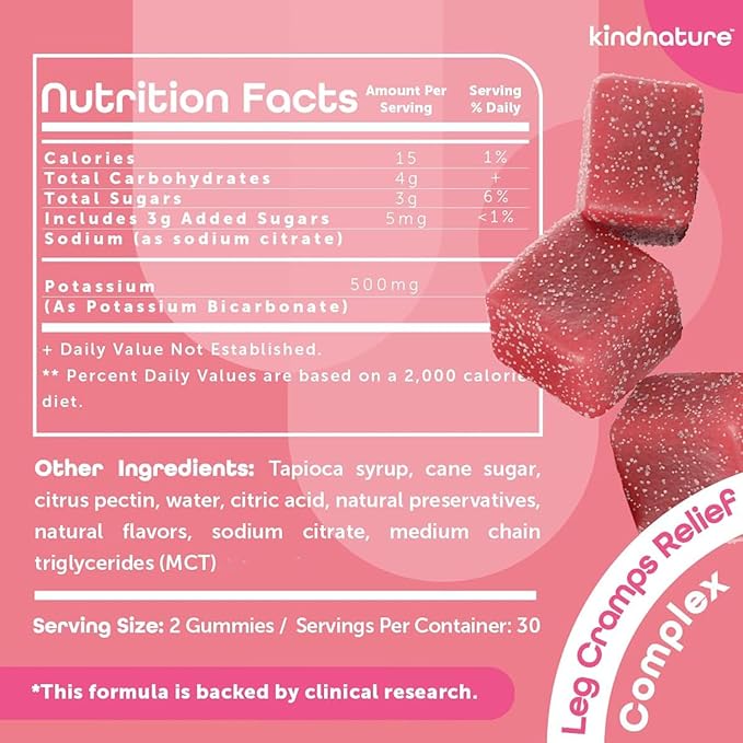 Kind Nature High Potassium Supplement Gummies 500mg - Chewable for Adults & Kids - Pure Potassium Bicarbonate Mineral Supplement - Vegan, Gluten Free, Non GMO - 60 Gummies (30 Day Supply)