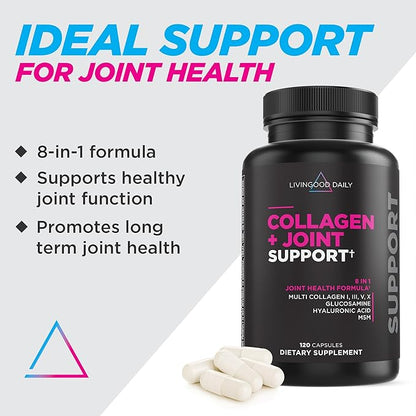 Livingood Daily Collagen Plus Joint Support - Grass-Fed Multi Collagen Peptides, Hyaluronic Acid, & MSM for Healthy Hair, Skin & Nails - Flexibility & Mobility - Keto, Gluten Free - 120 Capsules