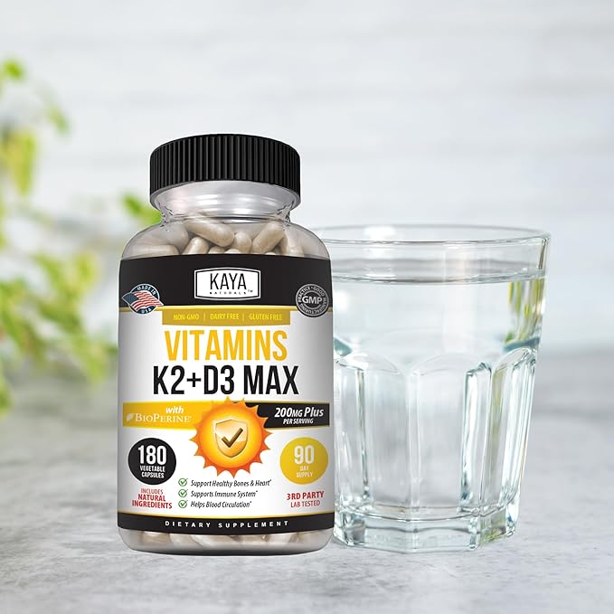 Kaya Naturals Vitamins K2 with D3 5000IU Supplement for Men and Women - Easy to Swallow - Bioperine Capsules (180 Count (Pack of 1)