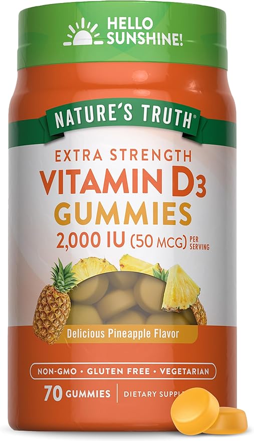 Nature's Truth Vitamin D3 Gummies | 2000 IU | 70 Count | Pineapple Flavor | Vegetarian, Non-GMO and Gluten Free Supplement