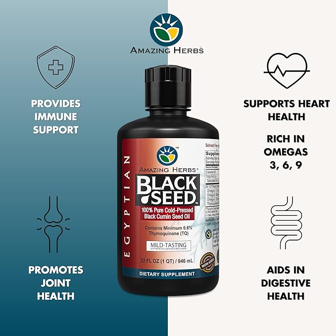 Amazing Herbs Egyptian Black Seed Oil - Gluten Free, Non GMO, Cold Pressed Nigella Sativa Aids in Digestive Health, Immune Support, Brain Function, Mild Flavor - 32 Fl Oz