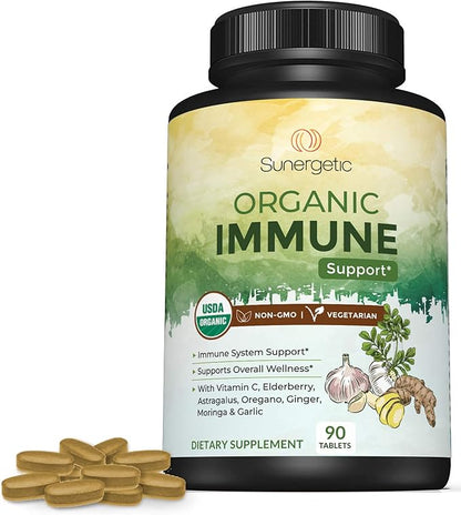 USDA Organic Immune Support Supplement – Organic Immune Health Supplement with Vitamin C, Elderberry, Astragalus, Oregano, Ginger, Moringa & Garlic – Organic Immune System Support - 90 Immune Tablets