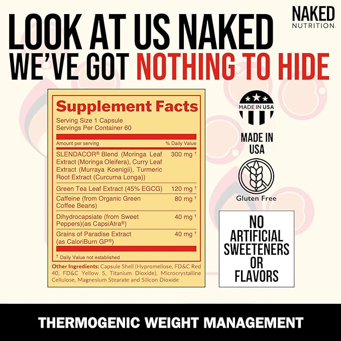 NAKED Metabolism Booster & Thermogenic Fat Burner for Men & Women - Weight Loss Pills for Women - Belly Fat Burner with Gold Standard Clinical Trial - Appetite Suppressant for Weight Loss for Women