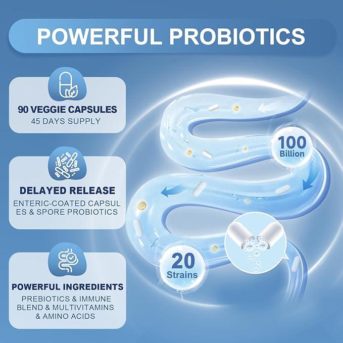 Probiotics for Women-Men Digestive Health with 100 Billion CFUs, Womens-Mens Probiotics for Immune Support and Gut Health with Prebiotics, multivitamin, 90 Veggie Caps (45 Days Supply)