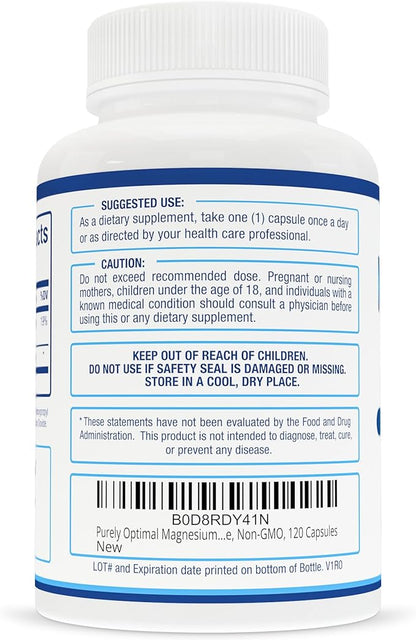Purely Optimal Magnesium Citrate 500mg - Citrato de Magnesio, Supplement for Sleep, Heart, Nerves, Muscles - Gluten-Free, Non-GMO, 120 Capsules