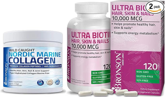 Marine Collagen Peptides Hydrolyzed Protein Powder + Ultra Biotin 10,000 Mcg Hair Skin and Nails Supplement