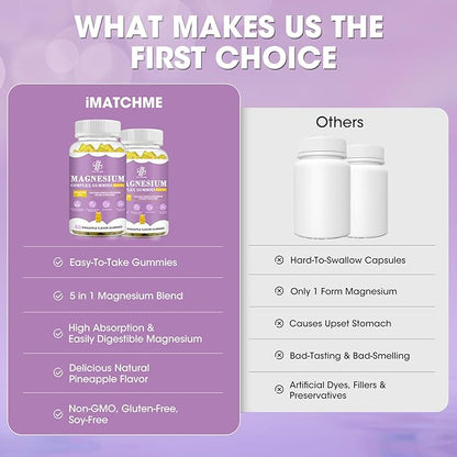 Magnesium Glycinate Gummies with Magnesium Malate, Taurate, Citrate, Potassium Complex Supplement with CoQ10, Calcium, Supports for Memory, Bone, Calm, Sleep, 60 Pineapple Gummies