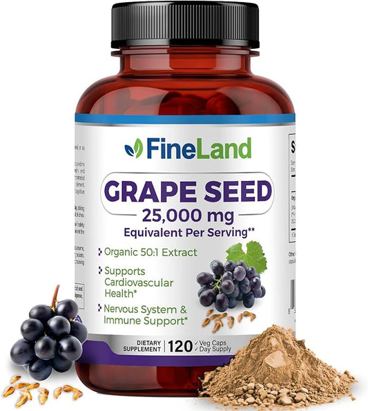 FineLand Grape Seed 50:1 Extract, Premium Max Strength, 25,000 mg Eq., Antioxidant Powerhouse, Heart Support, Immune Support, Grape Seed Extract Capsules 120, 4 Month Supply, 100% Vegan, All Natural