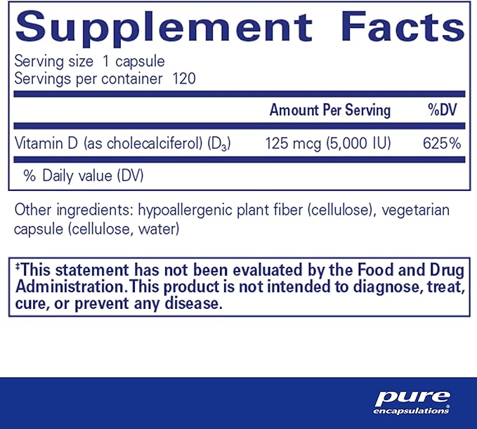 Pure Encapsulations Vitamin D3 125 mcg (5,000 IU) - Supplement to Support Bone, Joint, Breast, Heart, Colon, and Immune Health* - with Vitamin D - 120 Capsules