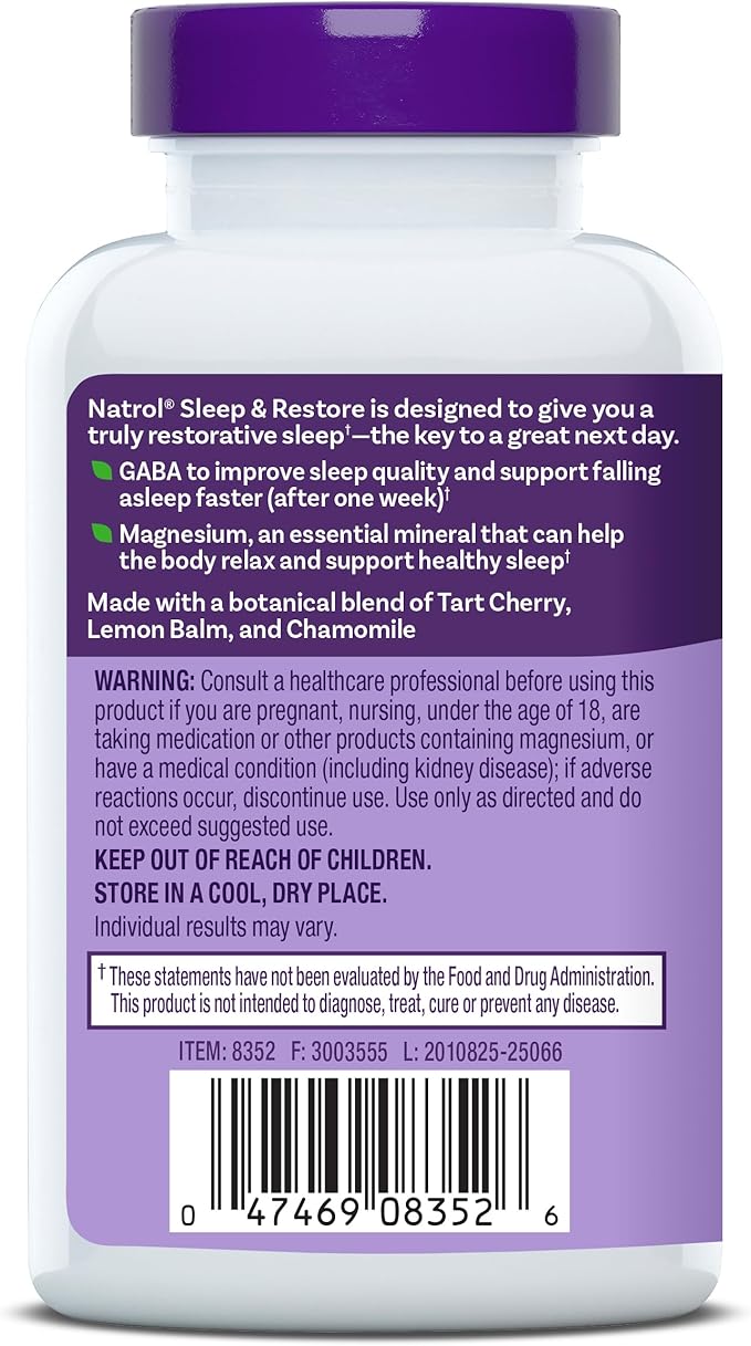 Natrol Sleep & Restore Capsules with Magnesium Glycinate 100mg, GABA, Essential for Your Ultimate Restorative Sleep, Melatonin-Free, 30 Day Supply