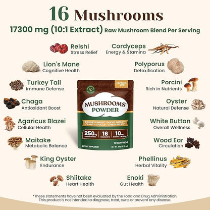 Venture Pal Mushroom Powder – 16 Mushroom Blend with Adaptogens for Coffee & Tea | Ashwagandha, Lion’s Mane, Rhodiola | 10:1 Extract from 100% Fruiting Bodies | 90 Servings