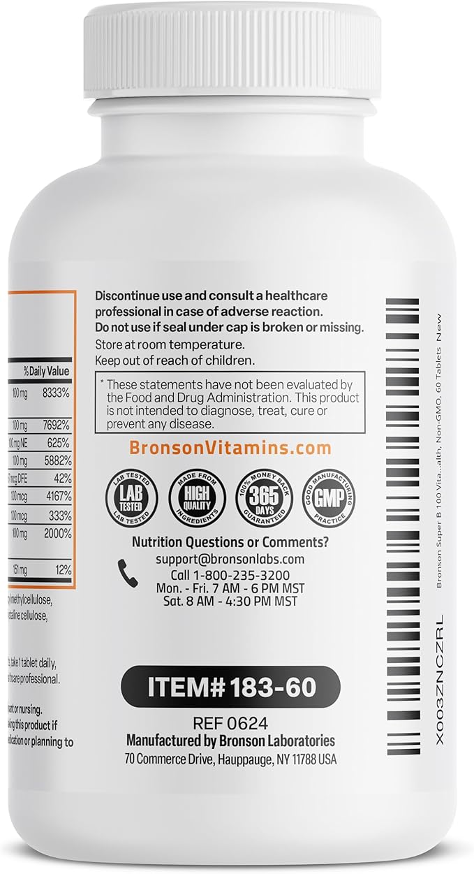 Bronson Vitamin B 100 Complex High Potency Sustained Release (Vitamin B1, B2, B3, B6, B9 - Folic Acid, B12), 60 Tablets