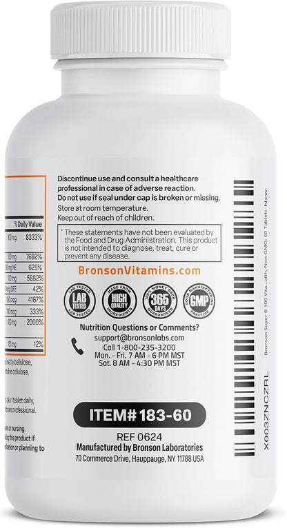 Bronson Vitamin B 100 Complex High Potency Sustained Release (Vitamin B1, B2, B3, B6, B9 - Folic Acid, B12), 60 Tablets
