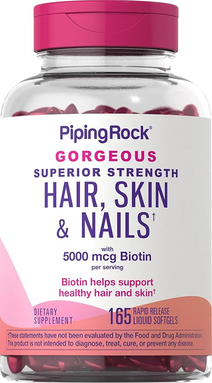 Piping Rock Hair Skin and Nails Vitamins | 165 Softgels | 5000 mcg of Biotin Extra Strength | with Argan and Coconut Oil | Non-GMO, Gluten Free Supplement