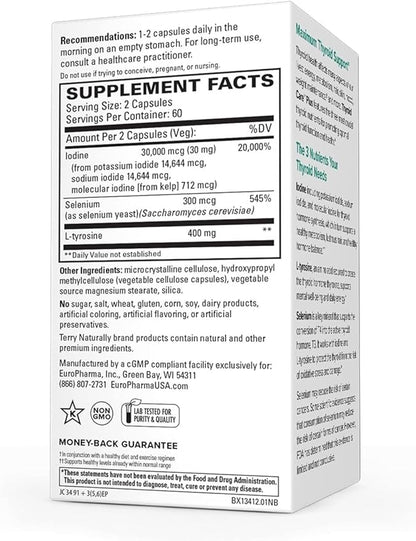 Terry Naturally Thyroid Care Plus - Supplement to Aid Thyroid - Dietary Supplement for Energy & Healthy Hair Support - Supplement with L-Tyrosine & Selenium - 120 Capsules