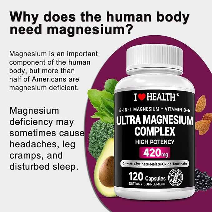 Magnesium Complex Supplement 420mg- 30mg Vitamin B6-5 in 1 Ultra Absorption Magnesium Glycinate, Oxide, Malate, Taurate & Citrate - Vegan Non-GMO Mag120 Capsules for Sleep, Muscle, Energy & Heart