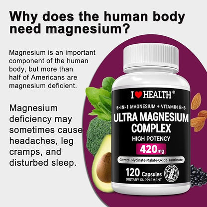 Magnesium Complex Supplement 420mg- 30mg Vitamin B6-5 in 1 Ultra Absorption Magnesium Glycinate, Oxide, Malate, Taurate & Citrate - Vegan Non-GMO Mag120 Capsules for Sleep, Muscle, Energy & Heart