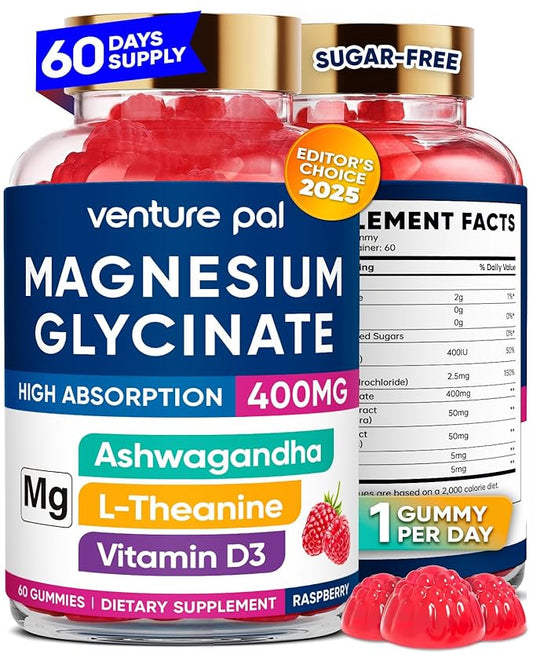 Venture Pal 60 Day Supply Magnesium Glycinate Gummies with Ashwagandha for Adults and Kids, L-Theanine, CoQ10, Sugar Free Magnesium Supplement 400mg for Calm Mood & Sleep, Gluten-Free & Vegan
