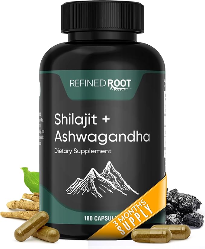 Shilajit Capsules 1000mg & Ashwagandha Supplements 500mg (180 Count) Pure Himalayan Shilajit - (20% Fulvic Acid Supplement) - Ashwagandha Capsules