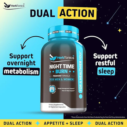 Herbtonics Night Time Weight Supplement & Sleep Aid – Dual-Action Metabolism & Appetite Support | Melatonin, L-Theanine, Lemon Balm, Green Tea Extract | GLP-1 Support | 60 Vegan Capsules