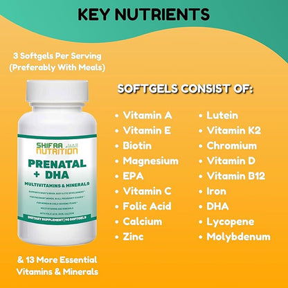 Halal Prenatal Vitamins with DHA and Folic Acid | High Potency 90 Softgels, Keto-Friendly | Vitamin C 120mg, DHA 250mg, Folic Acid 800mg, EPA 90mg, Biotin & Iodine