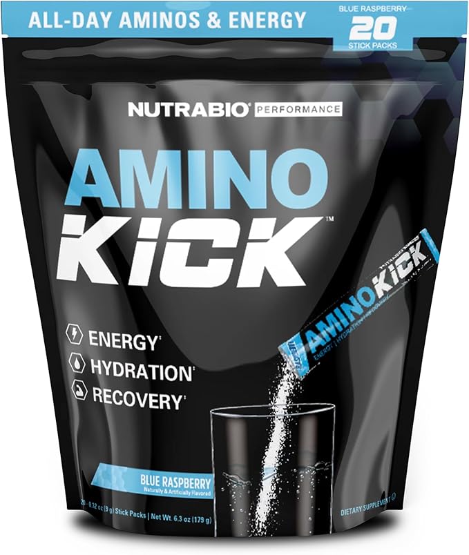 NutraBio Amino Kick Stick Pack - Amino Acids Supplement - BCAA Powder, Electrolytes for Hydration, Natural Caffeine- 20 Servings- Blue Raspberry