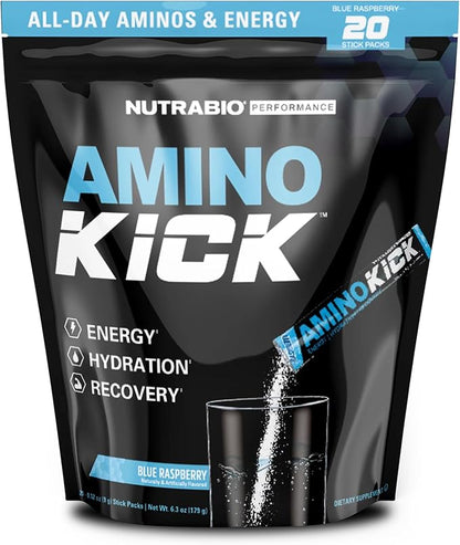 NutraBio Amino Kick Stick Pack - Amino Acids Supplement - BCAA Powder, Electrolytes for Hydration, Natural Caffeine- 20 Servings- Blue Raspberry