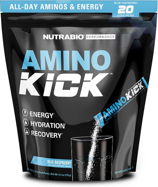 NutraBio Amino Kick Stick Pack - Amino Acids Supplement - BCAA Powder, Electrolytes for Hydration, Natural Caffeine- 20 Servings- Blue Raspberry