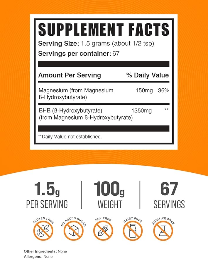 BulkSupplements.com Magnesium BHB Powder - BHB Salts, Beta-HydroxyButyrate Powder - Unflavored & Gluten Free, 1.5g per Serving, 100g (3.5 oz) (Pack of 1)
