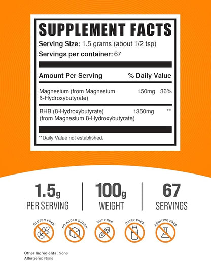 BulkSupplements.com Magnesium BHB Powder - BHB Salts, Beta-HydroxyButyrate Powder - Unflavored & Gluten Free, 1.5g per Serving, 100g (3.5 oz) (Pack of 1)