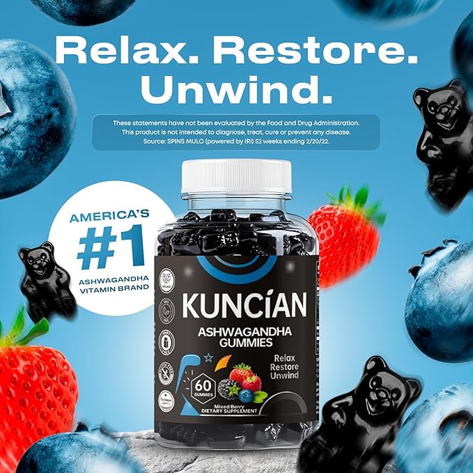 Ashwagandha & Vitamin D Gummy - 60 Count - Mixed Berry, KSM-66, Vegan & Vegetarians, Plant Based, Non-GMO, Gluten-Free & Gelatin Free Relax. Restore. Unwind, (Pack of 1)