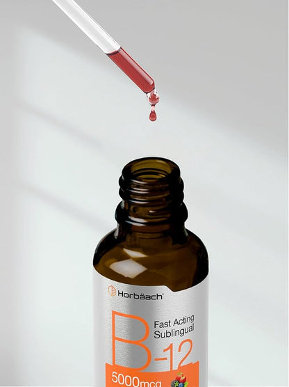 Horbaach B-12 | 5000mcg | 4oz | Berry Flavor Fast-Acting Sublingual Liquid Vitamin B12 | Vegetarian, Non-GMO & Gluten Free Formula