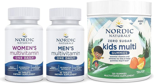 Nordic Naturals Multivitamins Family Bundle - Women's Multivitamin One Daily, Men's Multivitamin One Daily and Zero Sugar Kids Multivitamin Gummies