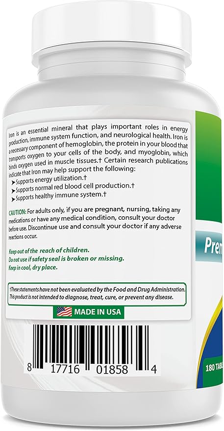 Best Naturals Iron Supplement (Iron Bisglycinate) - 25mg - 180 Tablets - Gentle of Stomach - Non-Constipating