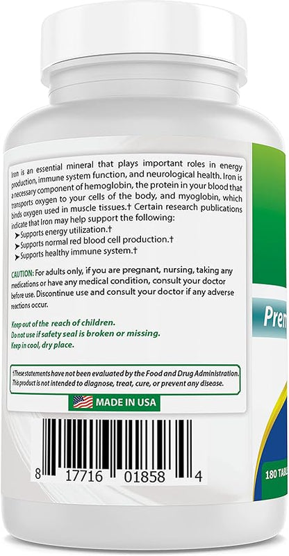 Best Naturals Iron Supplement (Iron Bisglycinate) - 25mg - 180 Tablets - Gentle of Stomach - Non-Constipating